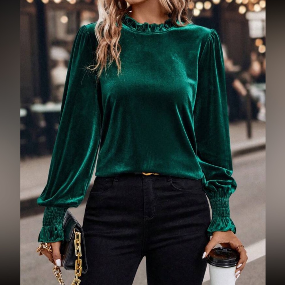 Cozy Classic Smocked Cuff Long Sleeve Velvet Blouse Shirt - Picture 1 of 5